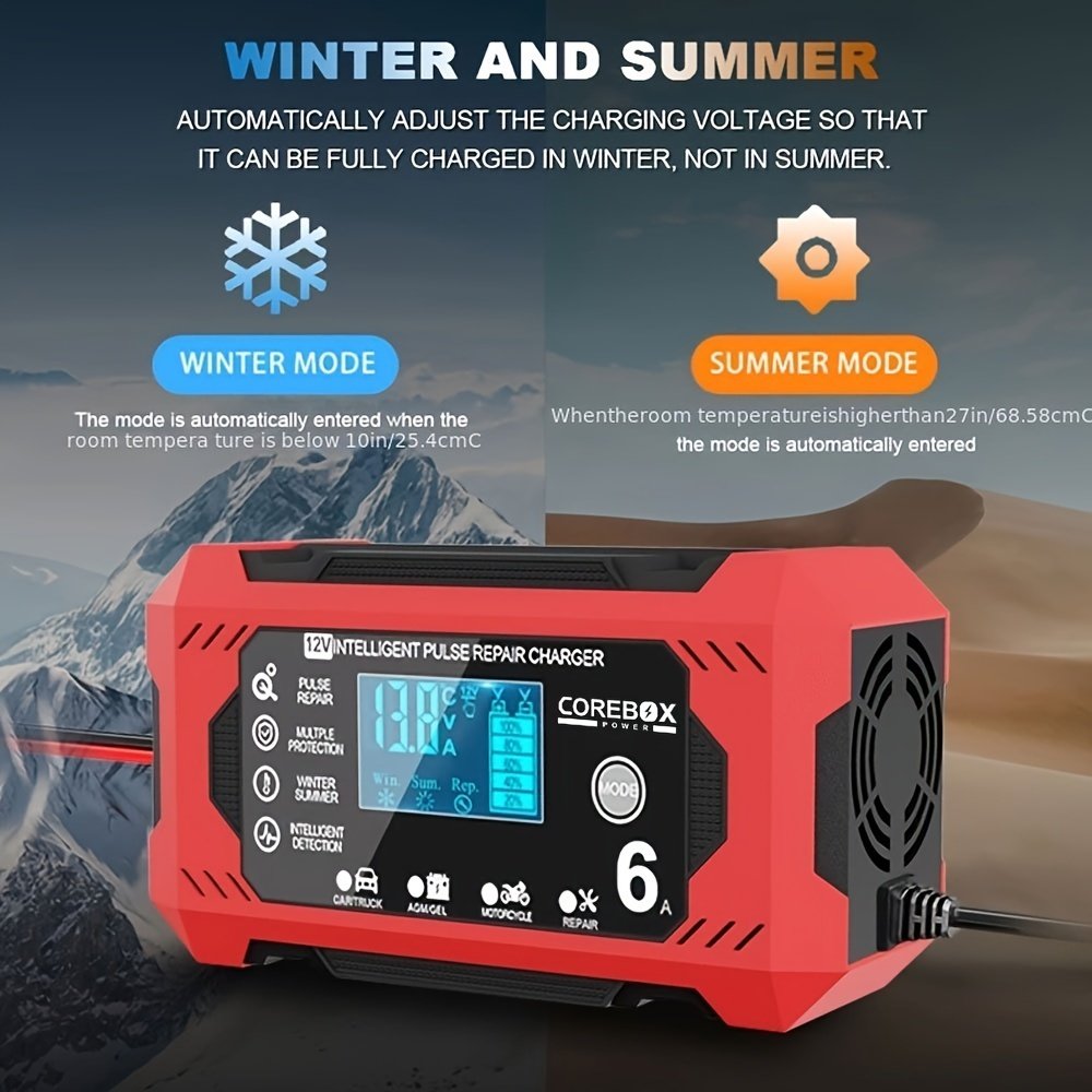 COREBOX 12V 6A Išmanusis Baterijų Įkroviklis su LCD Ekranu - Universalus Švinrūgšties Įkroviklis Automobiliams, Sunkvežimiams, Motociklams, Vejapjovėms ir Jūrų Transporto Priemonėms - Apsauga nuo Perkrovimo, Trumpojo Jungimo ir Poliškumo, Nešiojamas Įkroviklis