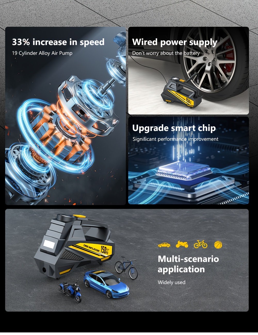 Carsun skaitmeninis padangų pripūtimas Nešiojamas automobilio oro kompresorius Pumpos Oro pompa automobiliams Motociklams Dviračiams DC 12 Volt LED šviesa, be baterijos, ≤36V veikimo įtampos, be energijos taupymo klasifikacijos