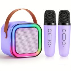 Nešiojamas garsiakalbis su dviem mikrofonais ir karaoke funkcija (RGB apšvietimo funkcijos, palaiko TF kortelę, suderinamas su visais išmaniaisiais telefonais)